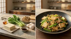 冷蔵庫の定番でさっと一品:小松菜としめじの豆腐チャンプルー(卵ふんわり)