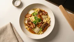 豚こまと白菜のさっぱり炒め—おから入り炒り卵でふんわり、ウスター風味